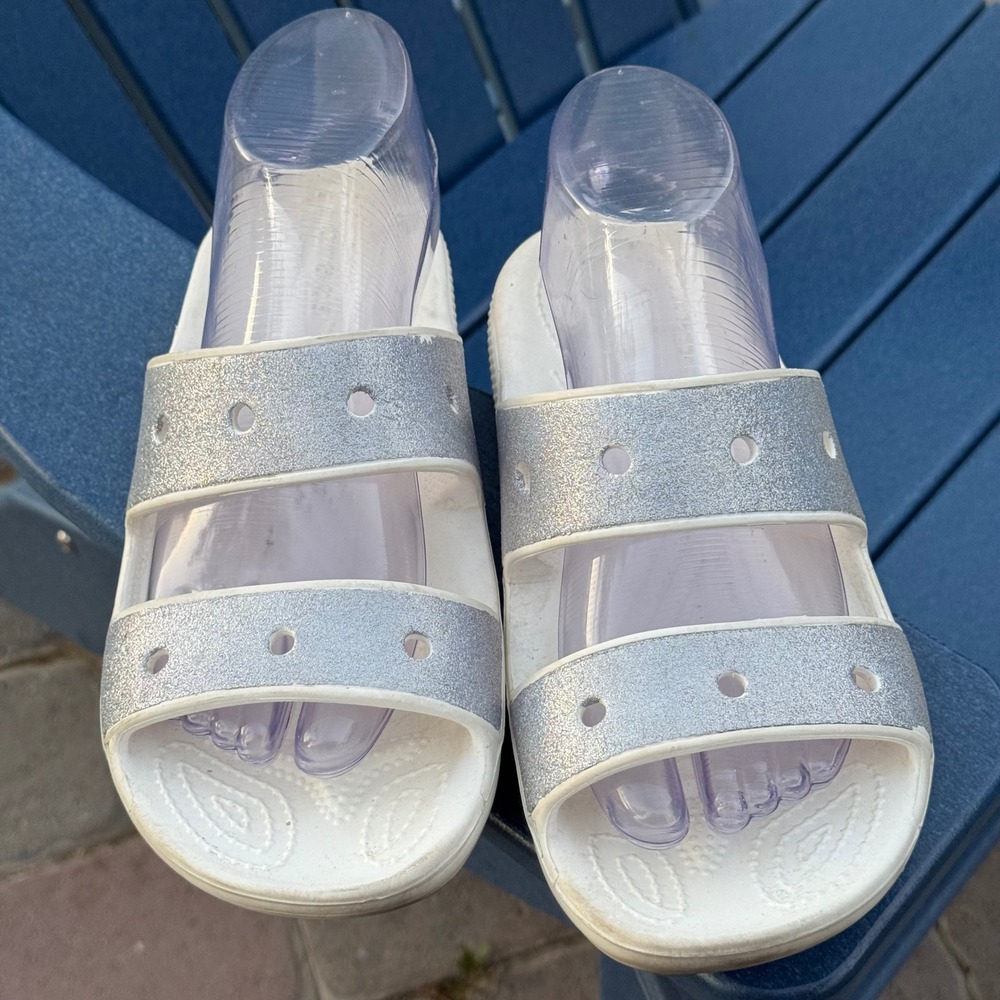 Crocs Classic Sandal Silver Glitter White Two Strap Slide Womens 8 Mens 6